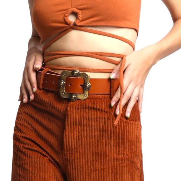 LOVELY DENIM Crow Brown Leather Belt Brass Buckle‎ Size Small 1.5\